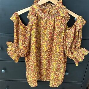 Max Studio Yellow and Red Paisley Cold Shoulder Blouse
